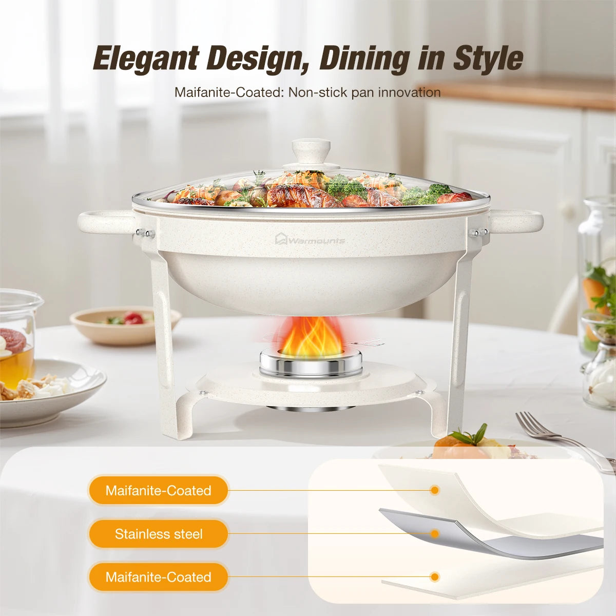 5QT 2Pack  4Pack  Fully Coated Round Chafing Dishes Buffet Set with Glass Lid White Style Chafer Water Pan