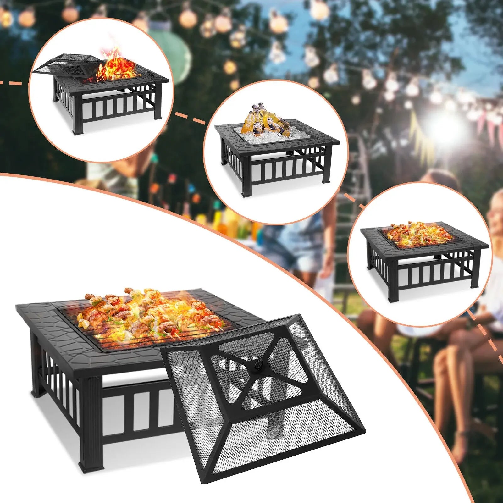 Fire Pit Table 32" Wood Burning Grill w/ Spark Screen Poker