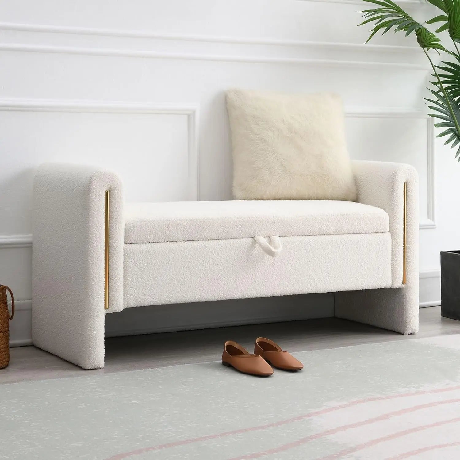Modern 52" Storage Ottoman Bench, Upholstered End of Bed Storage Bench with Armrests, Entryway Bench, Teddy Foot, Customized