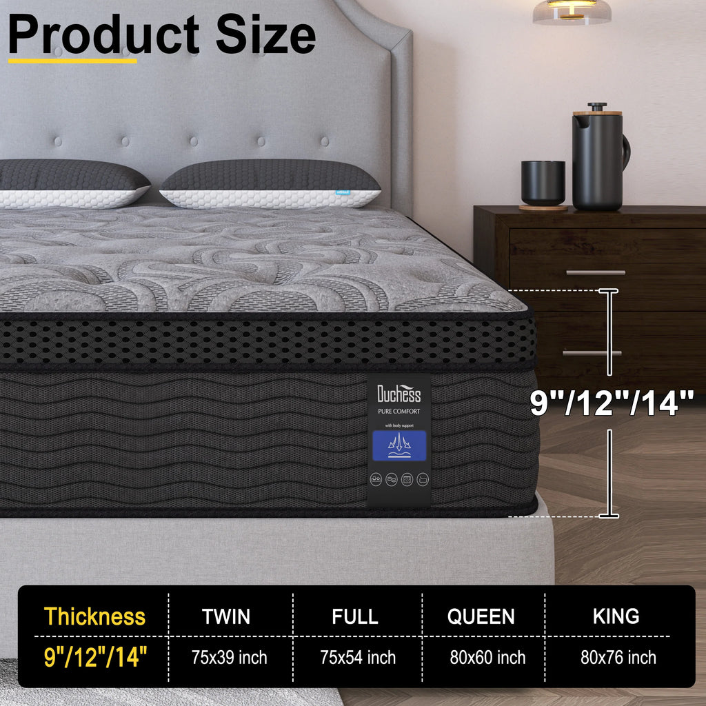 12/14 Inch Twin Full King Queen Mattress , Hybrid Mattresses Medium Firm with Gel Memory Foam & Pocketed Coils, Motion Isolation