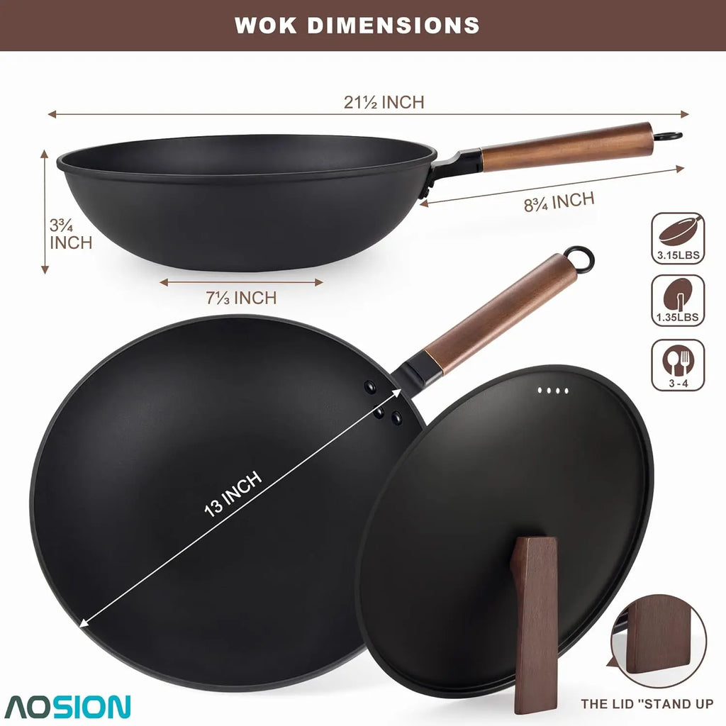 Wok Set w/ Lid & Utensils, 13'' Steel Non-stick Flat Bottom