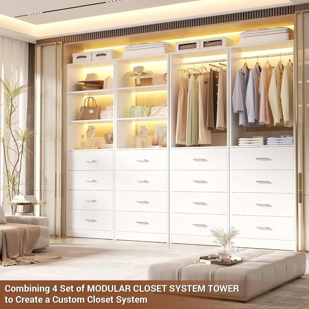 21.3" White Wood Closet Organizer with 4 Drawers, Modular Storage System for Small Closets