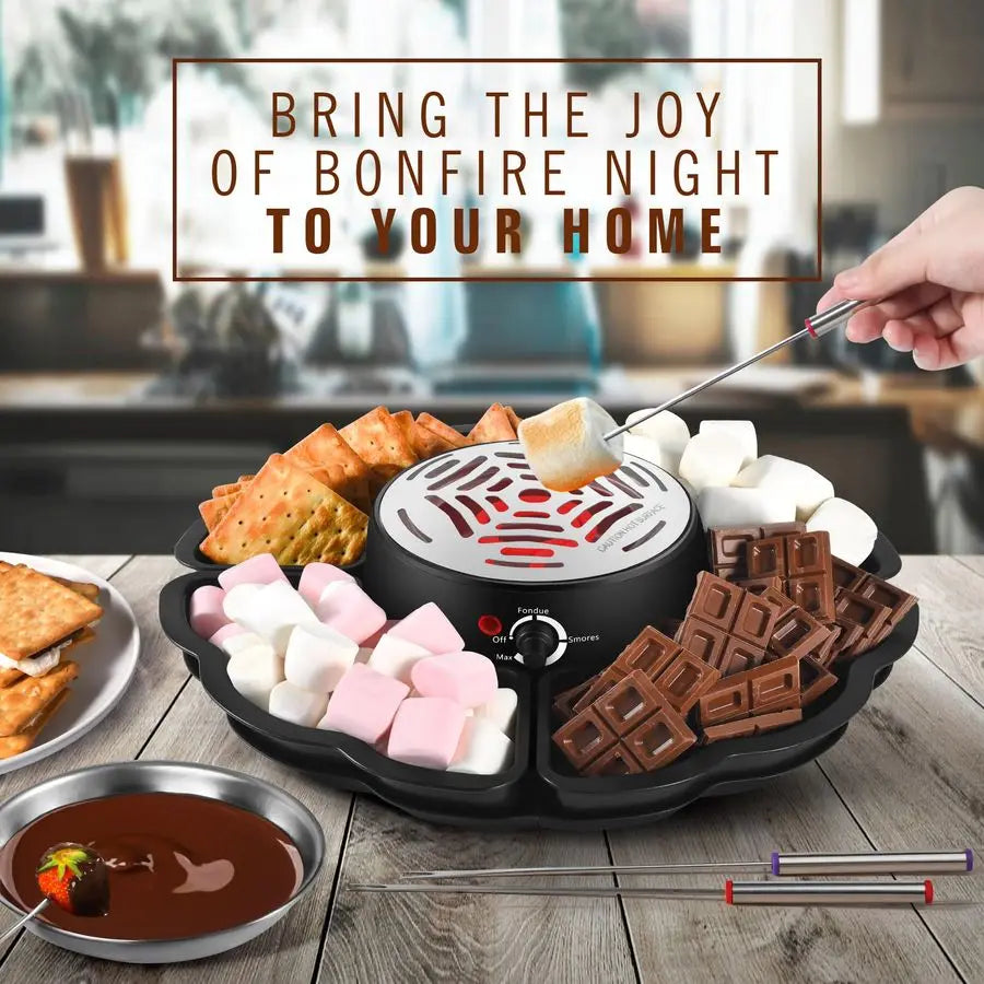 Fondue Set, Smores Maker Electric Tabletop Indoor Kit, 4 Trays & Forks