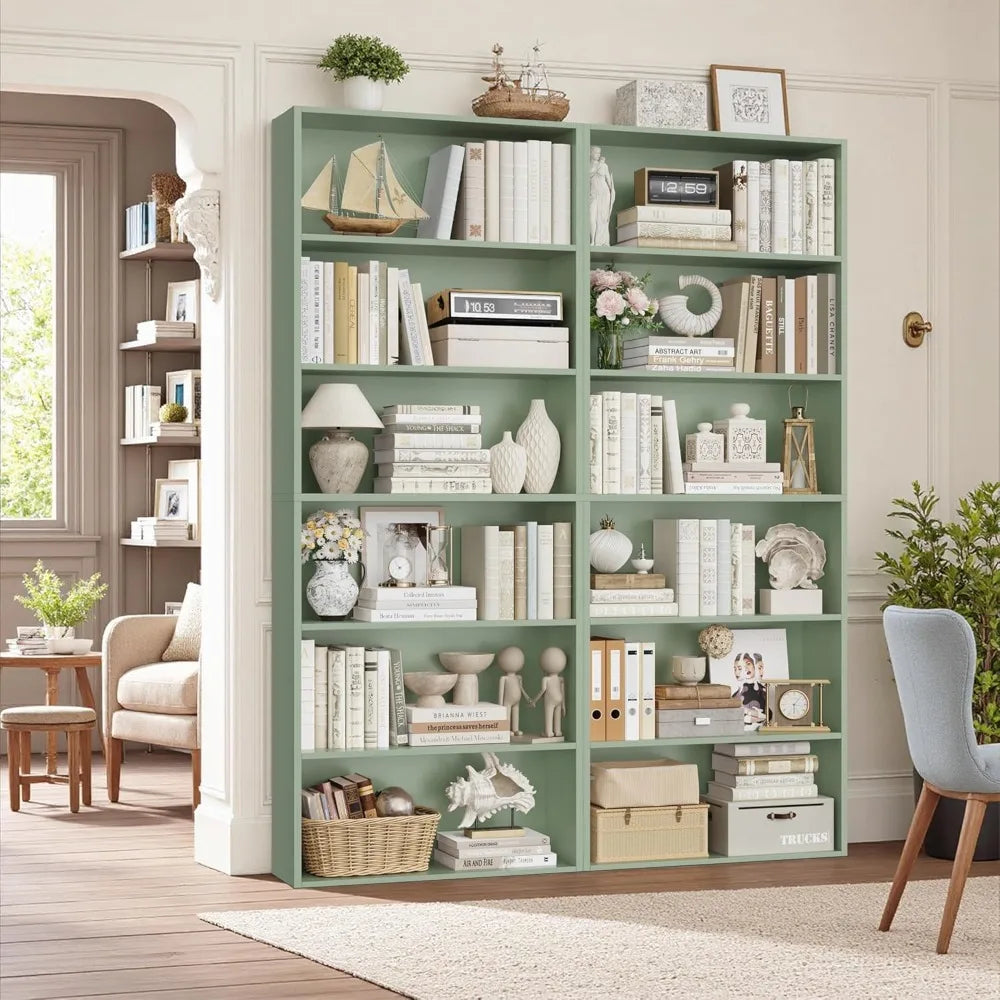 FOTOSOK 70.8 Tall Bookcase Shelf, 6 Tier Wide Bookshelf with Storage, Billy Bookcase Set of 2, Large Bookshelf for Living Room,