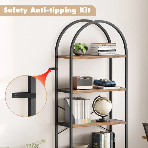 5-Tier Arched Bookshelf, 180cm Tall Industrial Open Bookcase, Freestanding Display Rack Metal Wooden Storage Shelving Units