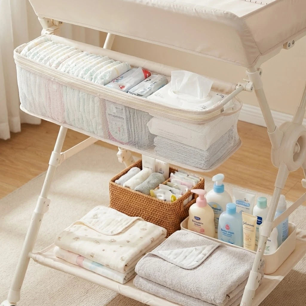 Portable Foldable Baby Changing Table with Wheels - Adjustable Height, Storage Rack, Side Basket & Hanging Rail, Multi-Functiona