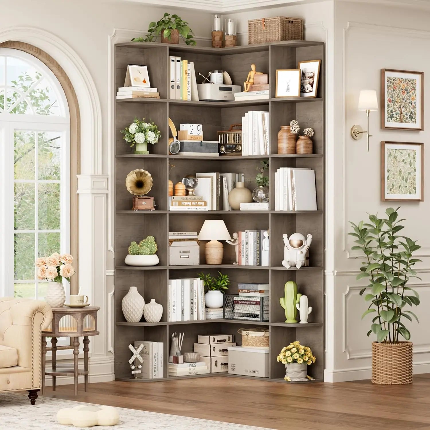 74” Tall Corner Bookshelf, 6-Tier Bookshelf and Bookcase with Open Storage, L Shaped Tall Bookcases Wooden Storage, Customized