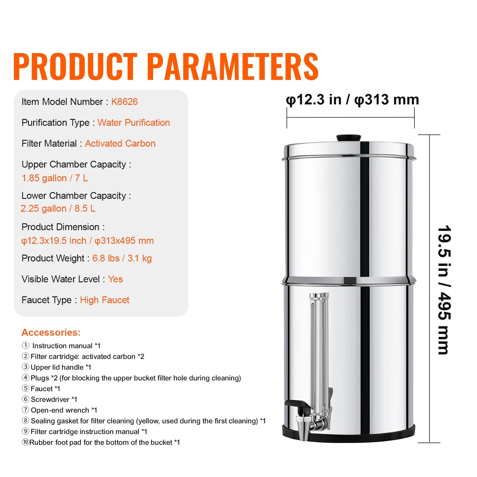 Water Filter System, Stainless Steel, 2 Carbon Filters