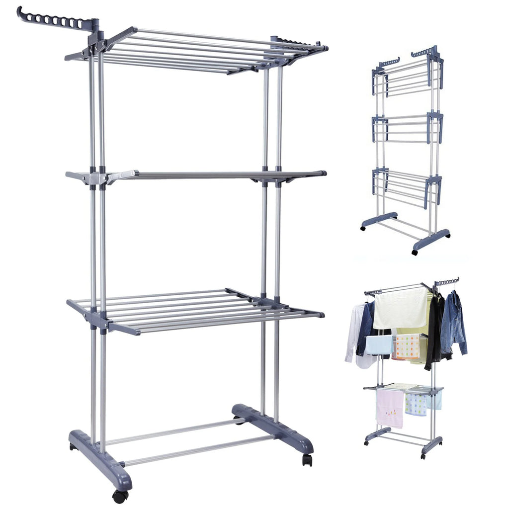 4-Tier Clothes Drying Rack Foldable Expandable Rack Large Movable with Wheels Space Saving Multi-functional Indoor & Outdoor