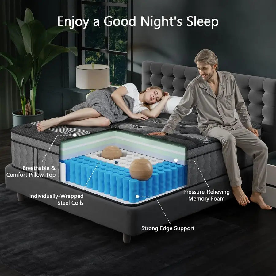 Size Mattress 14 Inch, Hybrid King Mattress in a Box, Cooling Memory Foam Mattresses with Individual Pocket Springs, Pressure R
