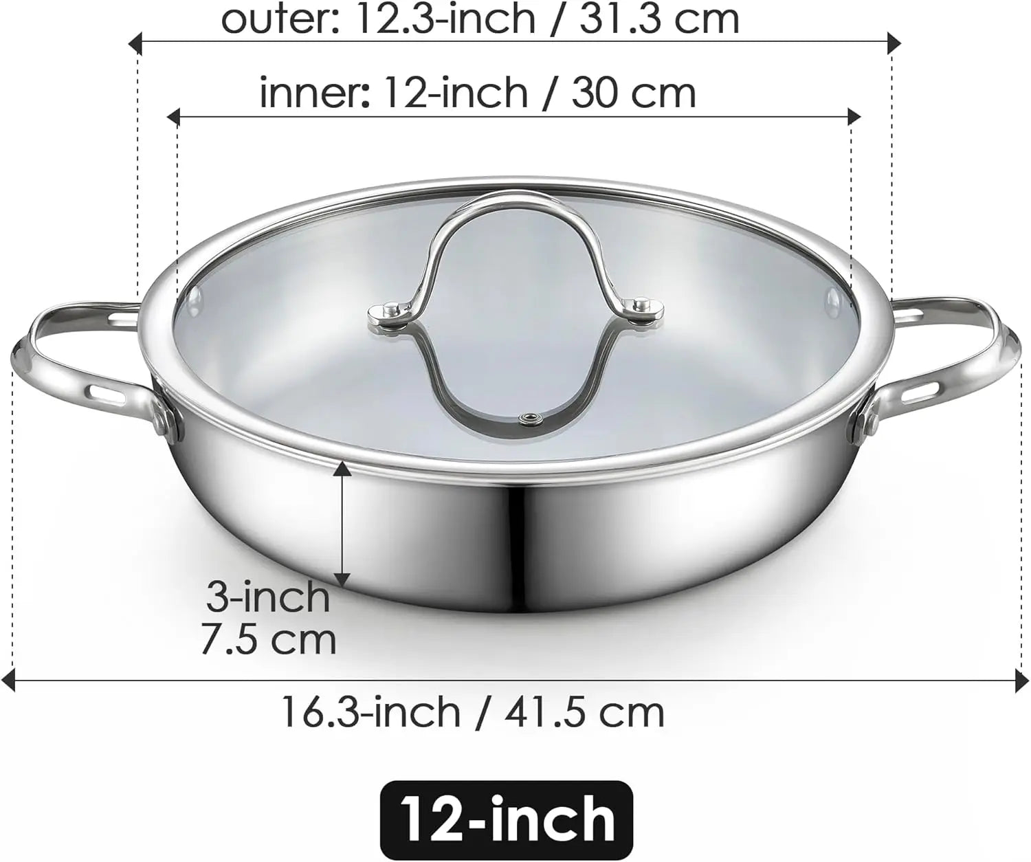 Wok w/ Glass Lid, 12-inch Stainless Steel Induction Compatible